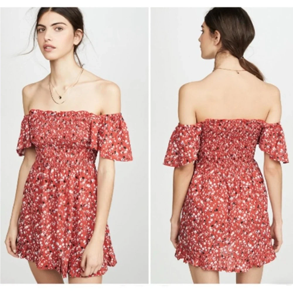 Tiare Hawaii Hendrix Red Floral Smocked Mini Dress NWT - Picture 2 of 10